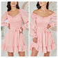 EXLURA Women’s Sweetheart Neckline Ruffle Flowy Dress Smocked Long Puff Sleeve Mini Dress Cottagecore Wedding Guest Dress