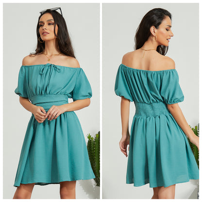 Exlura Women’s Off Shoulder Elegant Short Dress Ruched Drawstring Smocked Short Puff Sleeve High Waist Mini Dress