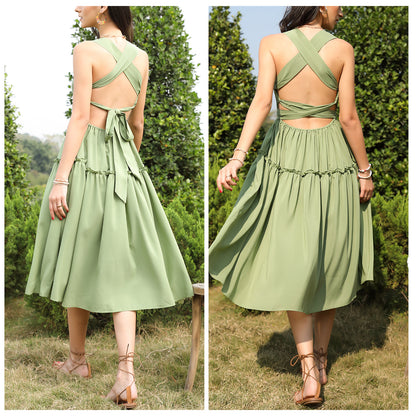 Exlura Women’s Sleeveless Square Neck Backless Midi Dress Smocked Strappy Criss Cross Tie Back Elegant Dress