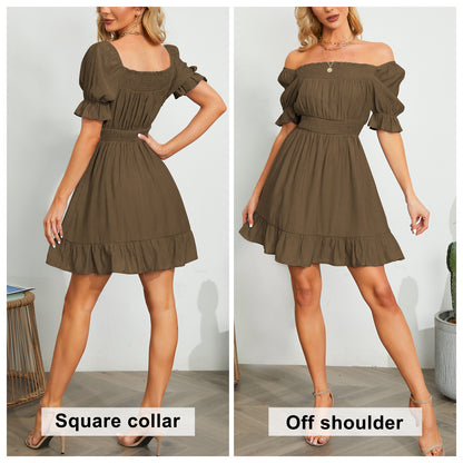 Exlura Women’s High Waist Square Neck Mini Dress Off Shoulder Smocked Puff Short Sleeve Summer Short Ruffle Dress