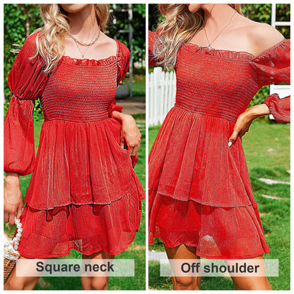 Exlura Women’s Smocked Ruffle Vintage Mini Dress Layered Square Neck Long Puff Sleeve Dress Elegant Glitter Cocktail Party Dress