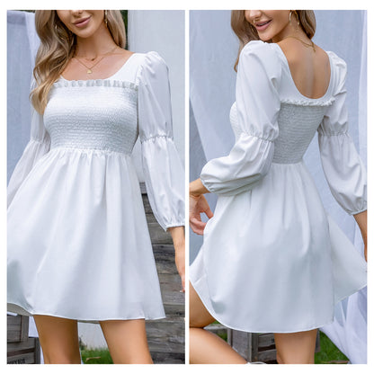 EXLURA Women’s Long Puff Sleeve Dress with Pockets Smocked Ruffle Square Neck Mini Dress Babydoll Vintage Cocktail Party Dress