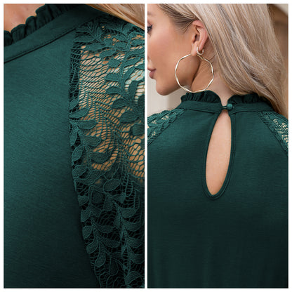 EXLURA Women’s Lace Tshirt Mini Dress Ruffle High Neck Long Puff Sleeve Swing Dress Flowy Wedding Guest Dresses