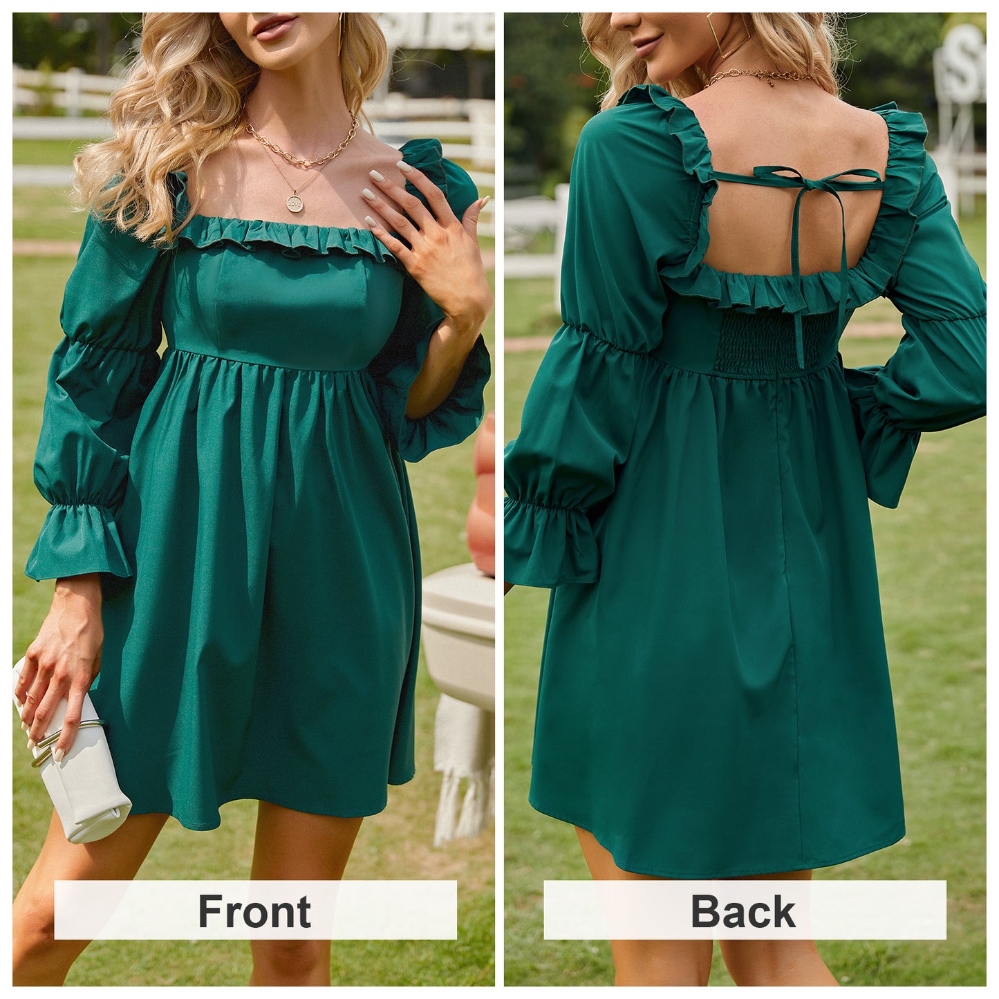 Exlura Women’s Bridal Shower Wedding Guest  Dress Square Neck Long Sleeve Ruffle Dress Backless Tie Back Swing Dress Mini Short Dresses