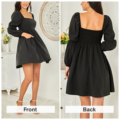 Exlura Women’s Casual Mini Dress with Pockets Square Neck Long Puff Sleeve Dress Empire Waist Boho Wedding Guest Dress