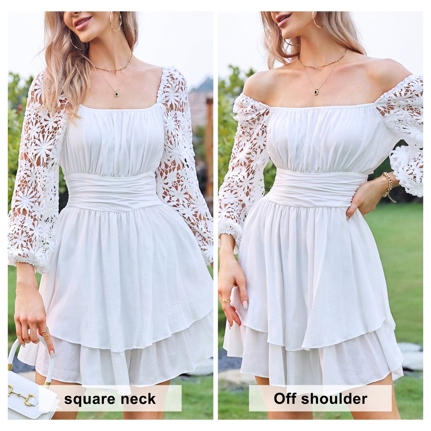 KRDR302EXLURA Women’s Lace Long Puff Sleeve Mini Dress Square Neck Backless Short Swing Party Dress Tie Back Bridesmaid Wedding Guest Dresses