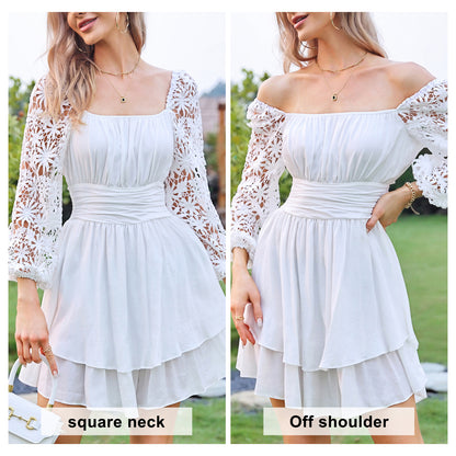 KRDR302EXLURA Women’s Lace Long Puff Sleeve Mini Dress Square Neck Backless Short Swing Party Dress Tie Back Bridesmaid Wedding Guest Dresses