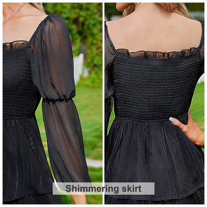 Exlura Women’s Smocked Ruffle Vintage Mini Dress Layered Square Neck Long Puff Sleeve Dress Elegant Glitter Cocktail Party Dress