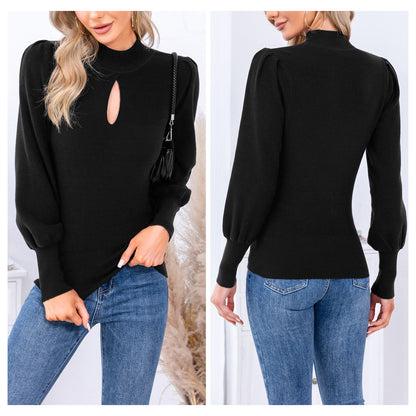 EXLURA Women’s Keyhole Mock Neck Pullover Sweater Slim Fitted Long Puff Sleeve Turtleneck Casual Trendy Tops Jumpers