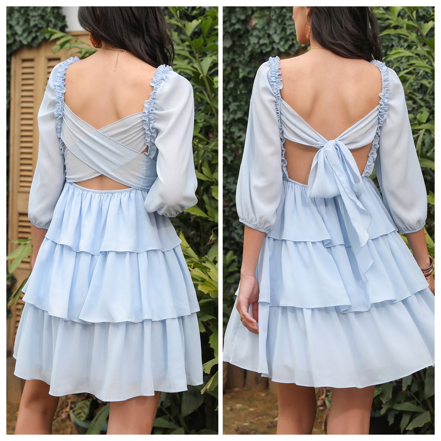 Exlura Women’s Off Shoulder Ruffle Dress Sundress Puff Sleeve Backless Tiered Smocked Tie Waist Flowy Mini Dress