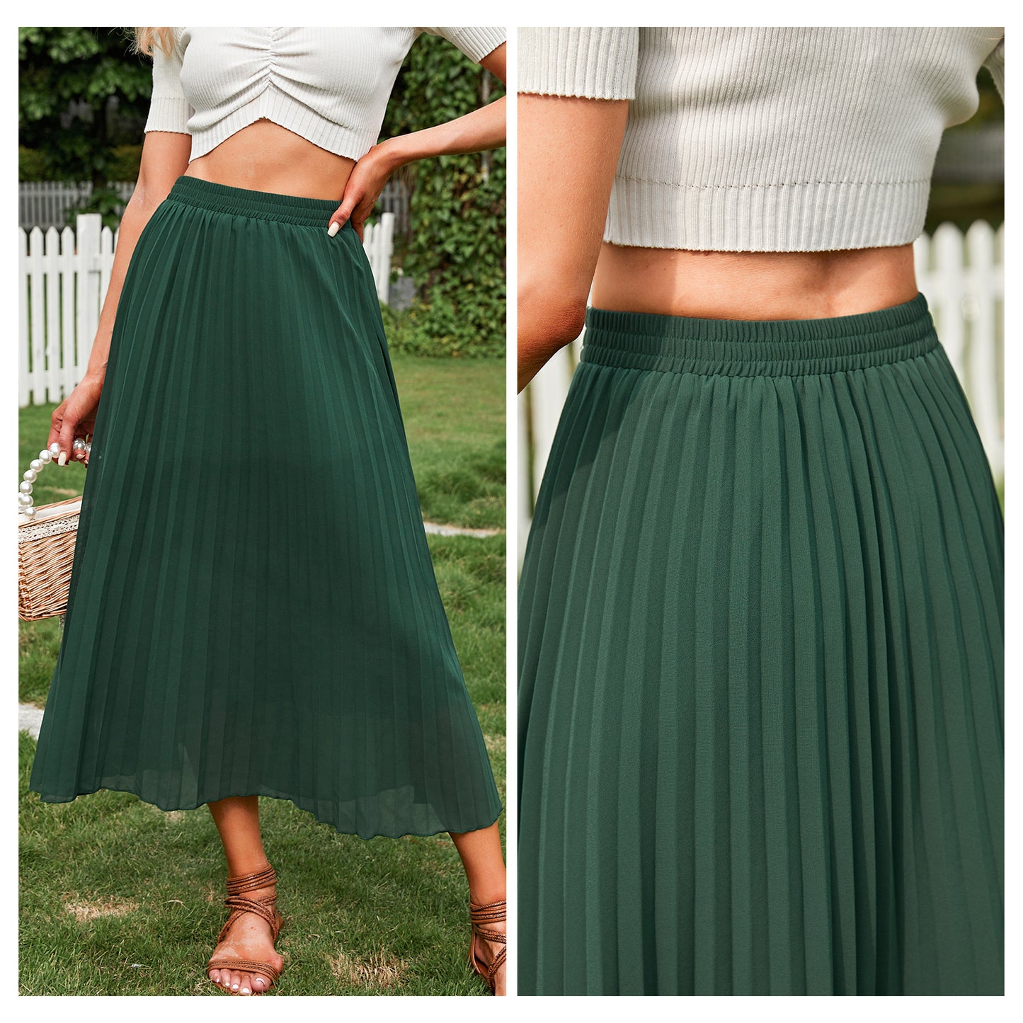 EXLURA Women's Floral Printed Chiffon Elastic High Waist Pleated Long Maxi Skirt