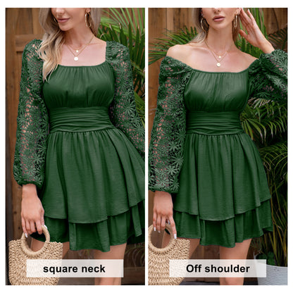 KRDR302EXLURA Women’s Lace Long Puff Sleeve Mini Dress Square Neck Backless Short Swing Party Dress Tie Back Bridesmaid Wedding Guest Dresses