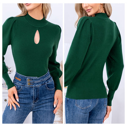EXLURA Women’s Keyhole Mock Neck Pullover Sweater Slim Fitted Long Puff Sleeve Turtleneck Casual Trendy Tops Jumpers