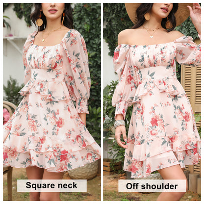 Tiered Square Neck Off Shoulder Smocked Skater  Sundress