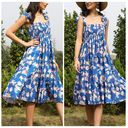 Exlura Women’s Polka Dot Vintage Boho Dress Square neck Smocked Tiered Tie Shoulder Sleeveless Strappy Floral Maxi Dress