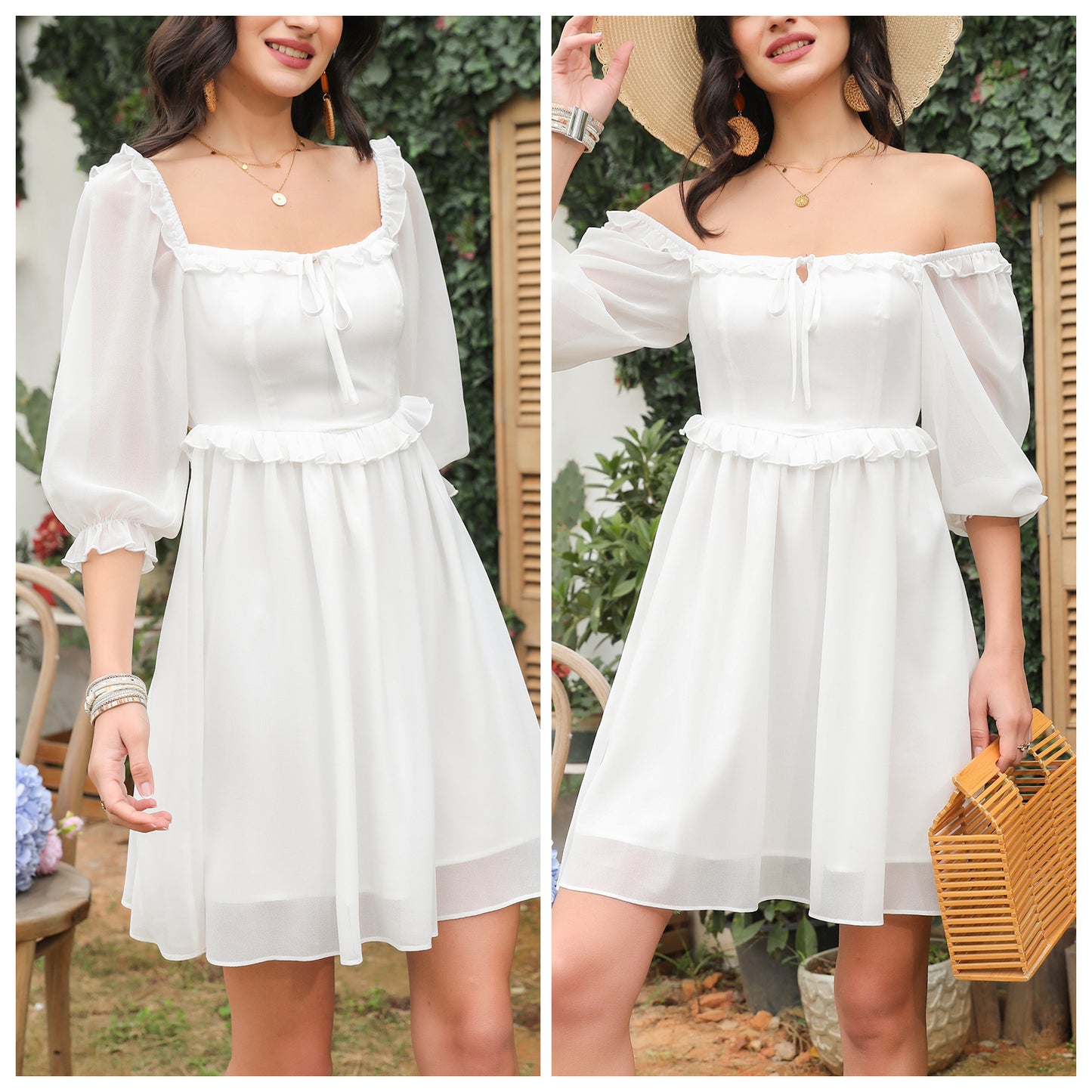 Exlura Women’s Off Shoulder Floral Ruffle Dress Sundress Tie Back Puff Sleeve Backless Square Neck Mini Summer Dress