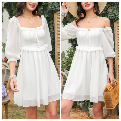 Exlura Women’s Off Shoulder Floral Ruffle Dress Sundress Tie Back Puff Sleeve Backless Square Neck Mini Summer Dress