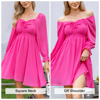 EXLURA Women’s Drawstring Mini Dress Sweetheart Neckline Smocked Flowy Dress Puff Long Sleeve Ruffle Cute Wedding Guest Dress