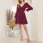 EXLURA Women’s Swiss Dot Flowy Mini Dress V Neck Long Puff Sleeve Tie Back Ruffle Dress Sexy Cottagecore Wedding Guest Dress