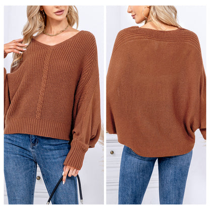 EXLURA Women's V Neck Oversized Sweater Batwing Long Sleeve Chunky Pullover Sweater Sexy Casual Trendy Tops