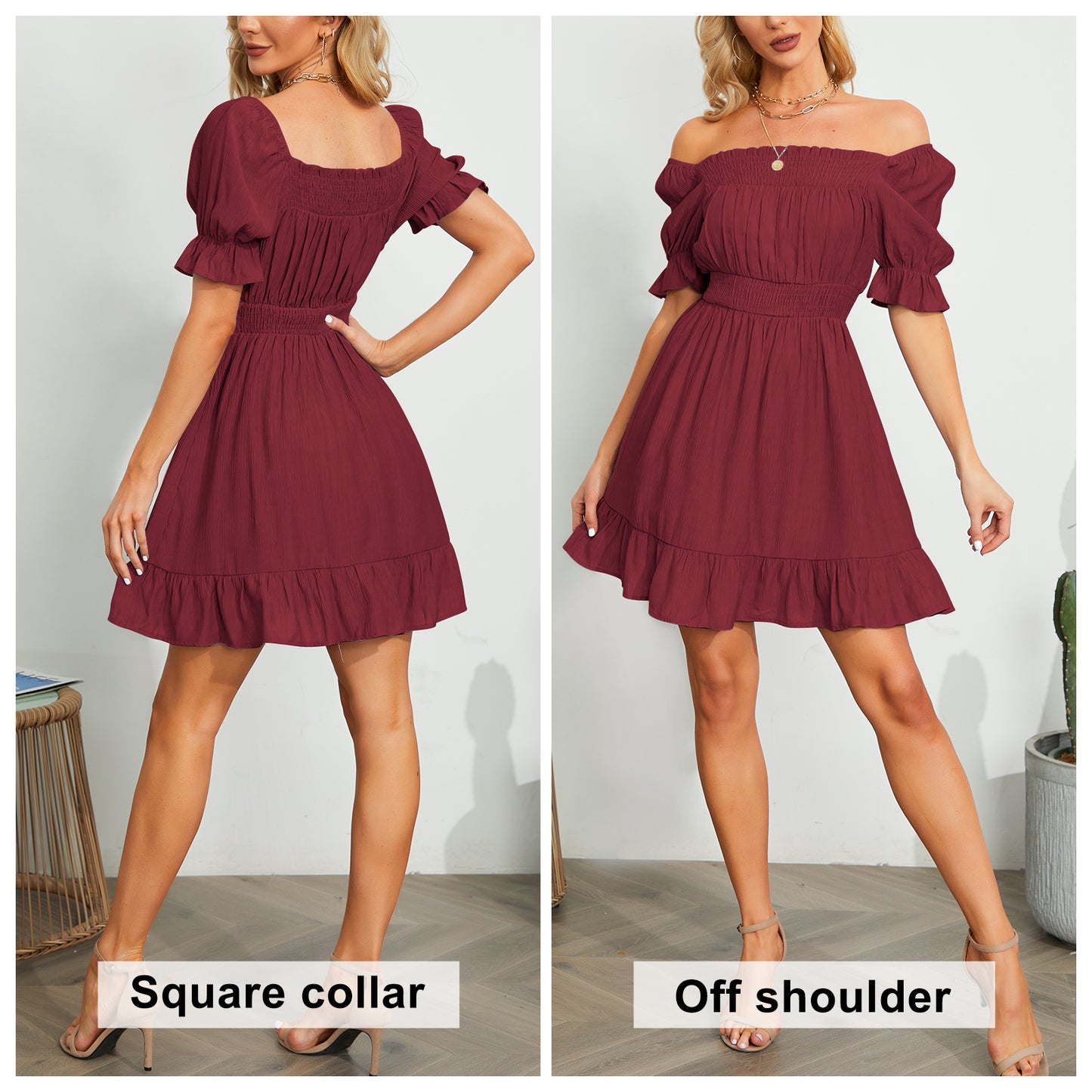 Exlura Women’s High Waist Square Neck Mini Dress Off Shoulder Smocked Puff Short Sleeve Summer Short Ruffle Dress