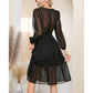 EXLURA Women’s Belted Swiss Dot V Neck Midi Dress Long Puff Sleeve Ruffle Dress Lace Patchwork Wedding Guest Dress