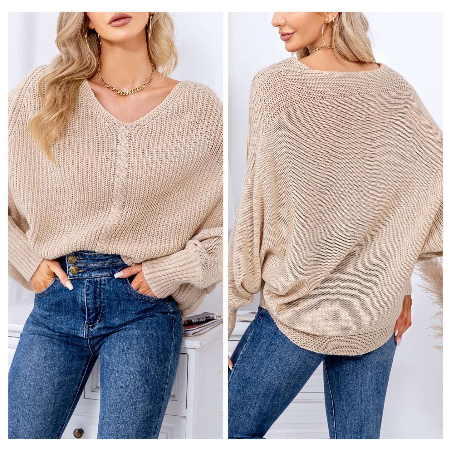 EXLURA Women's V Neck Oversized Sweater Batwing Long Sleeve Chunky Pullover Sweater Sexy Casual Trendy Tops