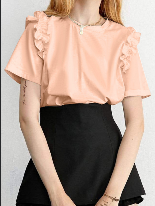 Casual T Shirt - Round Neck Ruffle Short Sleeve