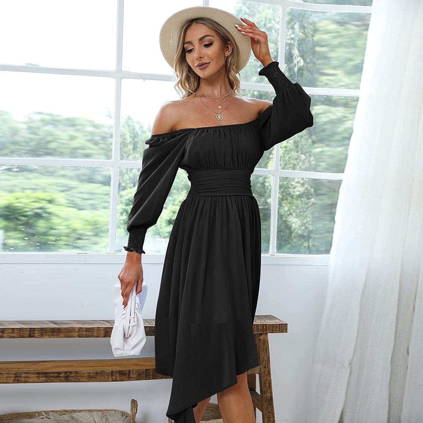 EXLURA Women's Tie Back Asymmetrical Hem Off Shoulder A-line Dresses Long Lantern Sleeve Ruffle Midi Dress