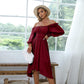 EXLURA Women's Tie Back Asymmetrical Hem Off Shoulder A-line Dresses Long Lantern Sleeve Ruffle Midi Dress