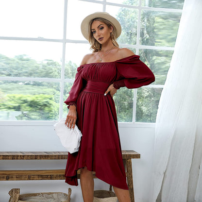 EXLURA Women's Tie Back Asymmetrical Hem Off Shoulder A-line Dresses Long Lantern Sleeve Ruffle Midi Dress