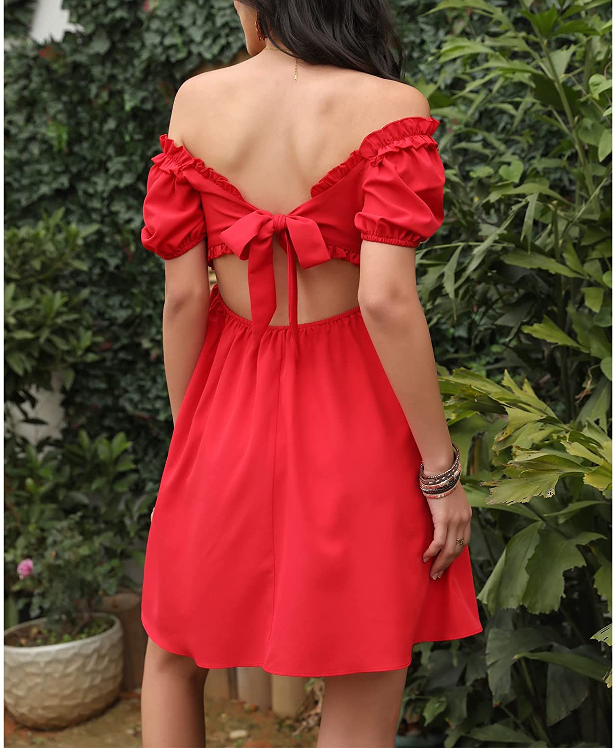 Byinns Womens Square Neck Tie Back Ruffle Off Shoulder Dress Summer Smocked A-Line Flowy Casual Mini Dress