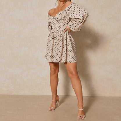 EXLURA Women's Polka Dot Off Shoulder Ruffled Chiffon Mini Dress Long Lantern Sleeve A-line Dresses Deep V-Neck Casual Dress