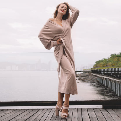 EXLURA Womens Knit Sweater Dress Casual Solid Long Sleeve Wrap Maxi Dresses with Belt