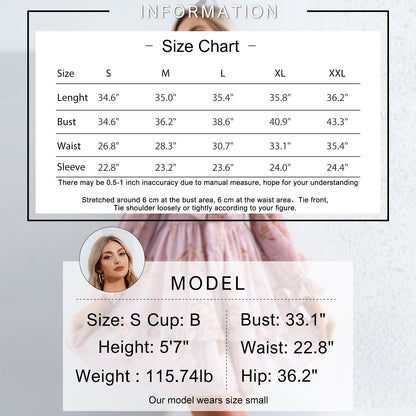 EXLURA Women Tie Front Elastic Waist Tiered Ruffle Layer Floral Balloon Long Sleeve V-Neck A-Line Mini Dress