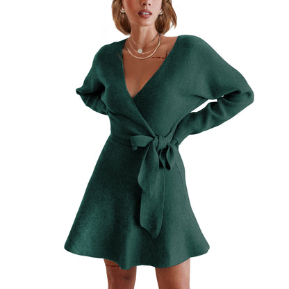 EXLURA Women’s Faux Wrap Pullover Sweater Dress V Neck Long Sleeve Casual Sexy Dress Cocktail Wedding Guest Mini Dress