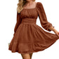 Exlura Women’s Swiss Dot Flowy Mini Dress Square Neck Long Lantern Sleeve Ruffle Dress Casual Cottagecore Boho Dress