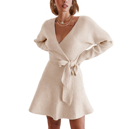 EXLURA Women’s Faux Wrap Pullover Sweater Dress V Neck Long Sleeve Casual Sexy Dress Cocktail Wedding Guest Mini Dress