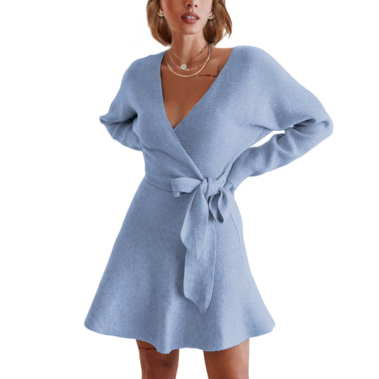 EXLURA Women’s Faux Wrap Pullover Sweater Dress V Neck Long Sleeve Casual Sexy Dress Cocktail Wedding Guest Mini Dress