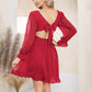 EXLURA Women’s Swiss Dot Flowy Mini Dress V Neck Long Puff Sleeve Tie Back Ruffle Dress Sexy Cottagecore Wedding Guest Dress