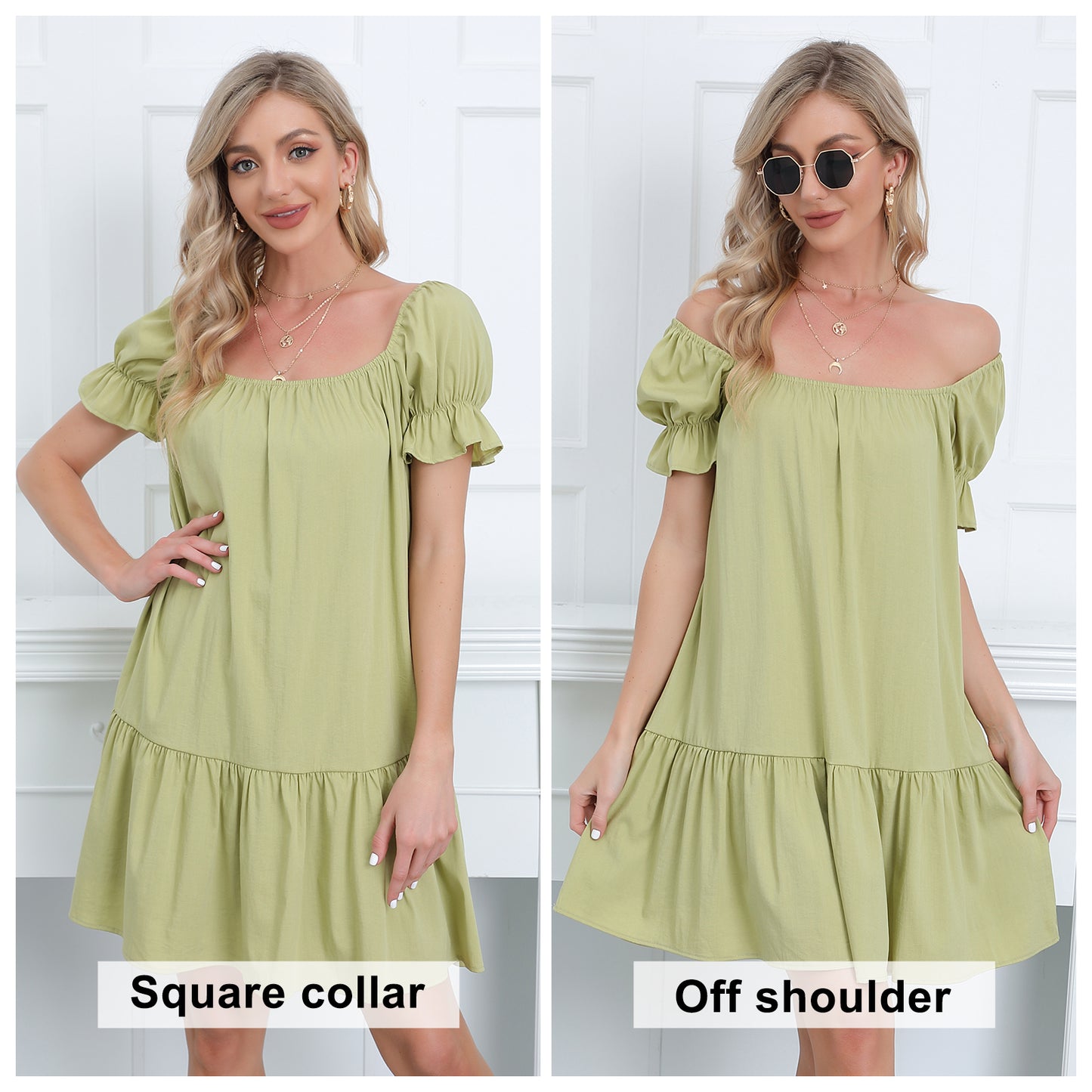 Exlura Women’s Square Neck Puff Short Sleeve Dress Off Shoulder Tiered Ruffle A-Line Babydoll Mini Party Dress