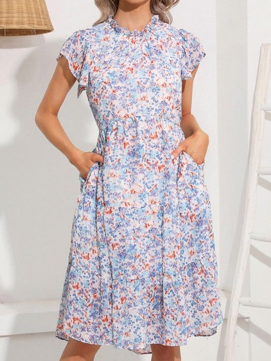 Floral Midi Dress - Belted Ruffle Flutter Short Sleeve