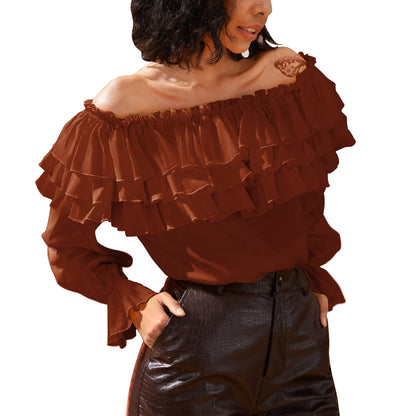 Byinns Women’s Off The Shoulder Layered Ruffle Tops Long Puff Sleeve Flowy Blouses Shirts Party Dressy Tops