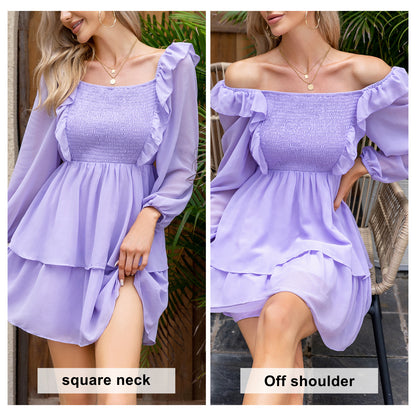 EXLURA Women’s Smocked Ruffle Mini Dress Square Neck Long Puff Sleeve Dress Casual Vintage Cocktail Wedding Dress