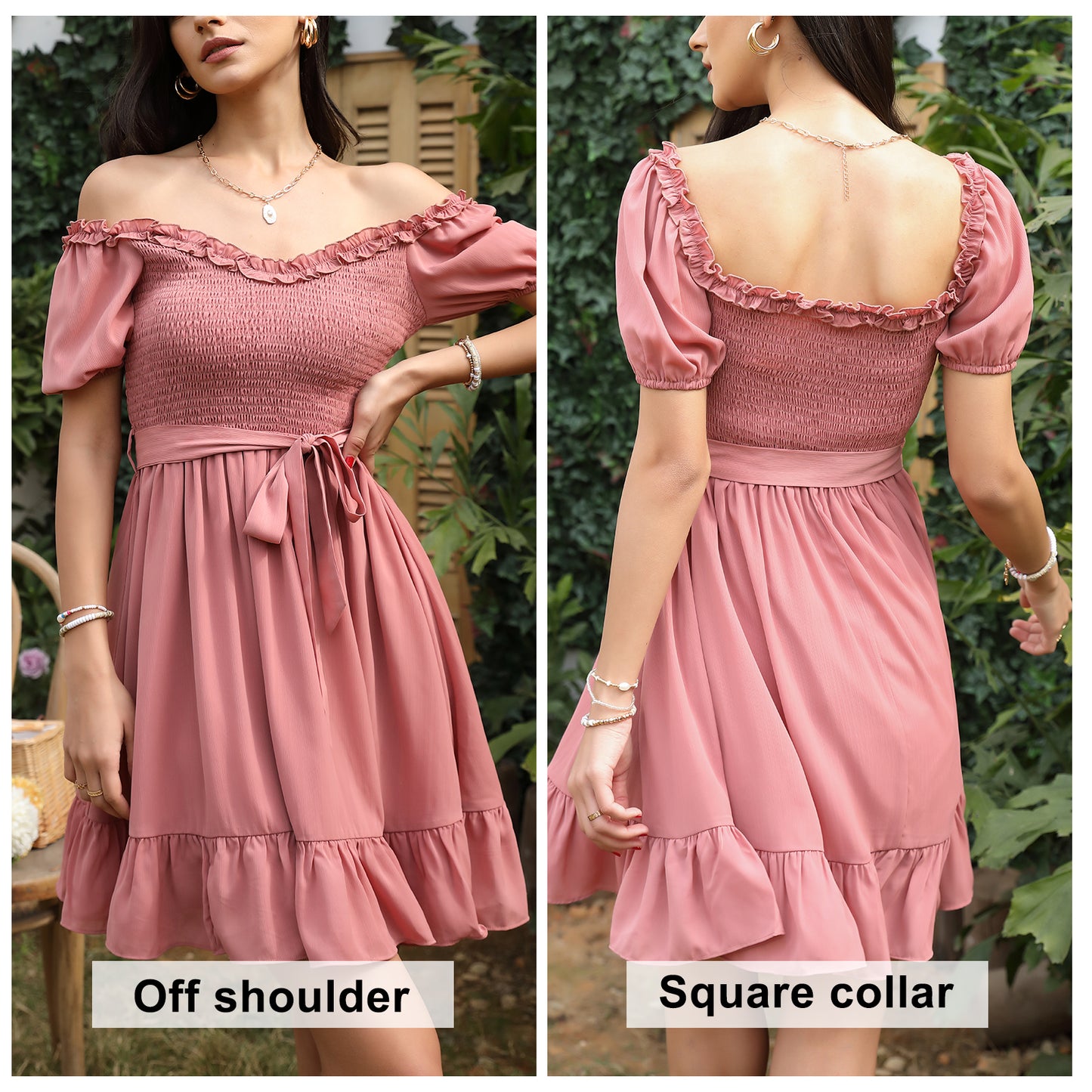 Exlura Women’s Sweetheart Neckline Ruffle Dress Smocked Belted Short Puff Sleeve Tie Waist Mini Dress Sundress