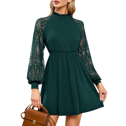 EXLURA Women’s Lace Tshirt Mini Dress Ruffle High Neck Long Puff Sleeve Swing Dress Flowy Wedding Guest Dresses
