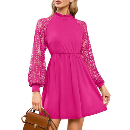 EXLURA Women’s Lace Tshirt Mini Dress Ruffle High Neck Long Puff Sleeve Swing Dress Flowy Wedding Guest Dresses