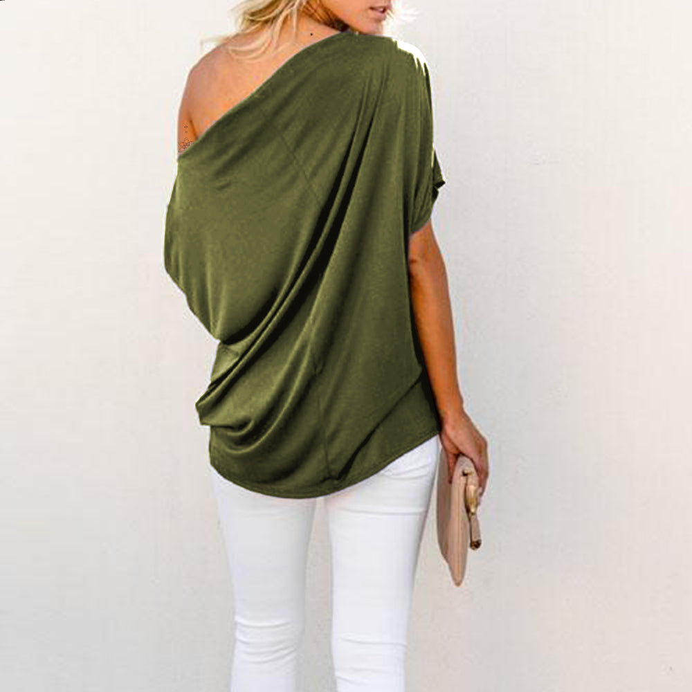 Off Shoulder Batwing Sleeve Ribbed Shirt Loose Tops