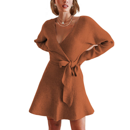 EXLURA Women’s Faux Wrap Pullover Sweater Dress V Neck Long Sleeve Casual Sexy Dress Cocktail Wedding Guest Mini Dress