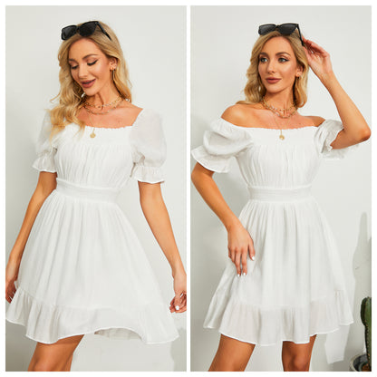 Exlura Women’s High Waist Square Neck Mini Dress Off Shoulder Smocked Puff Short Sleeve Summer Short Ruffle Dress